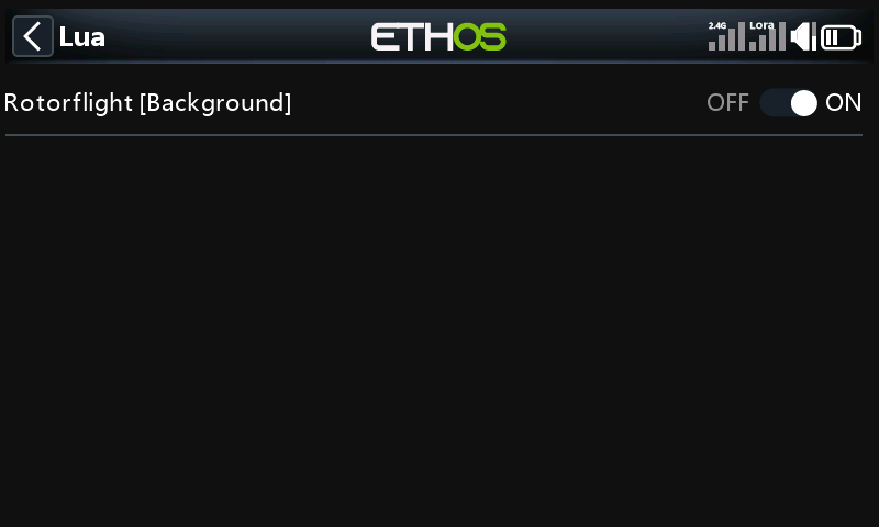 Model menu, Lua page, with the Rotorflight background task turned on