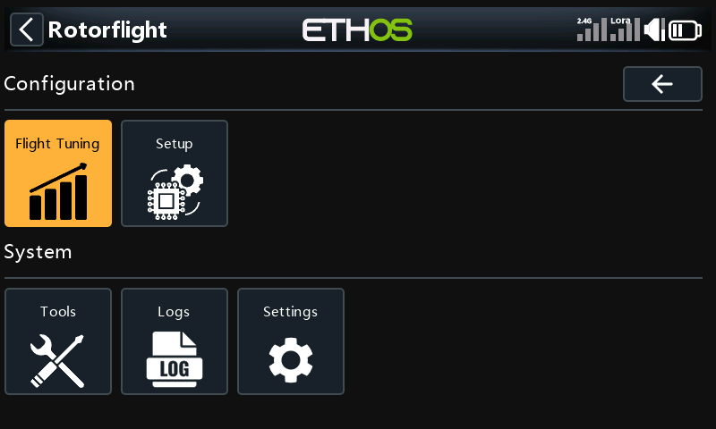 The main menu: Flight Tuning and Setup under Configuration; Tools, Logs and Settings under System