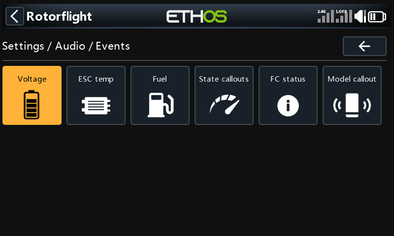 Settings, Audio, Events menu