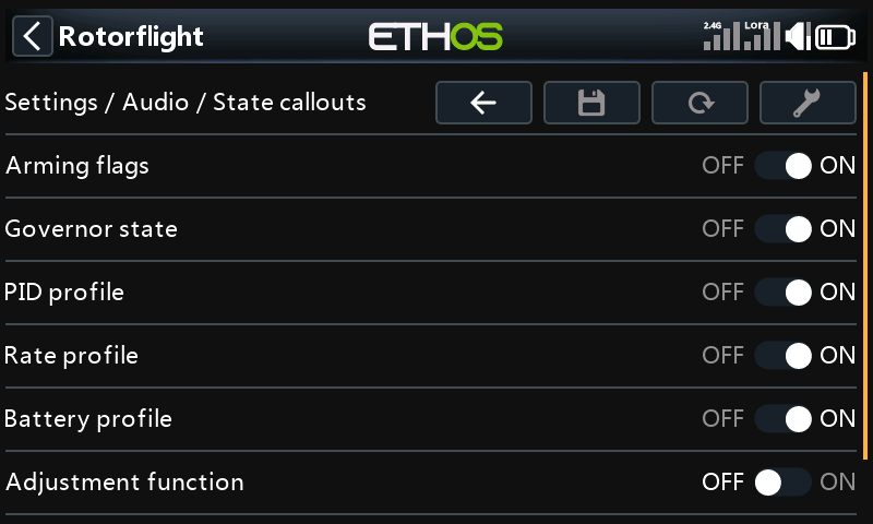 Settings, Audio, Events, State callouts page