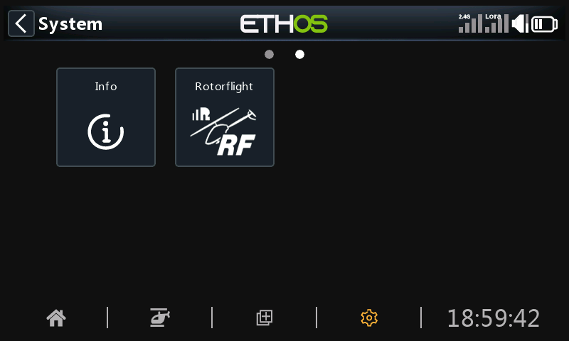System menu, page 2, with the Rotorflight tile